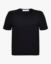 black short-sleeve crewneck top with a relaxed fit front
