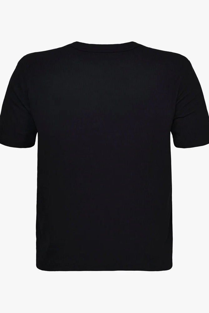 black short-sleeve crewneck top with a relaxed fit. black