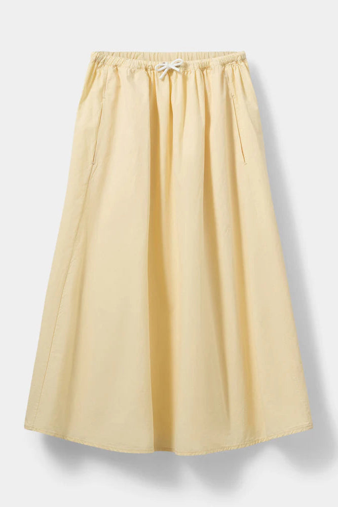 pale yellow elastic-waist midi skirt with a drawstring, front