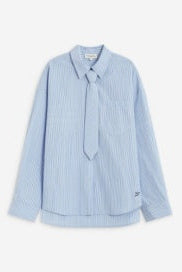 A light blue and white vertically striped long-sleeve button-down shirt with a matching self-tie necktie, displayed flat against a light gray background.