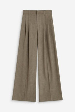 A pair of wide-leg trousers in a textured taupe-brown fabric, shown flat against a light gray background.