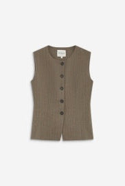 A sleeveless button-front vest in a muted taupe-brown color, shown flat against a light gray background.