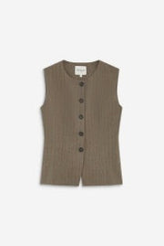 A sleeveless button-front vest in a muted taupe-brown color, shown flat against a light gray background.