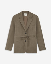 A taupe-brown textured blazer with a tie waist and two front flap pockets, displayed flat against a light gray background.