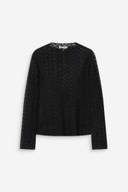 A black textured knit sweater with a crew neck and long sleeves, displayed against a light gray background.