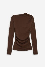 A dark brown long-sleeve top with a draped, ruched design on the back, shown against a plain light gray background.