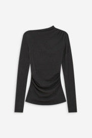 A black long-sleeve top with a draped, ruched side detail, shown from the back against a light gray background.