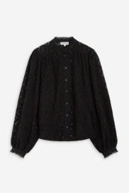 A black long-sleeve blouse with a high collar and button-front closure, shown against a plain light gray background.