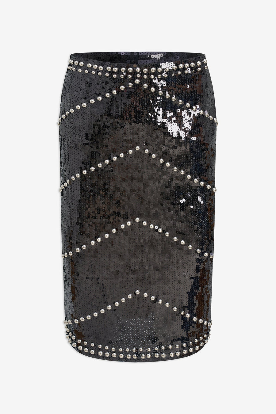 black midi pencil skirt featuring all-over sequins with silver stud chevron detailing and a fitted silhouette 