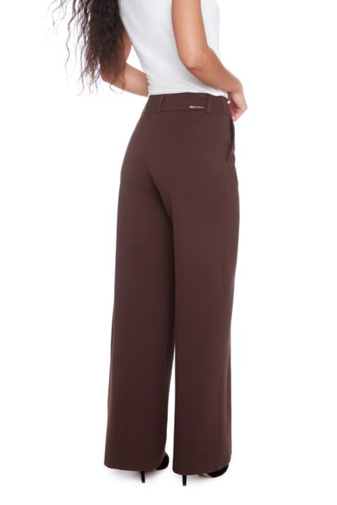 Back view of woman wearing a brown wide leg ponte pant