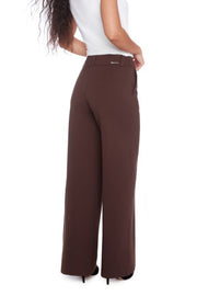 Back view of woman wearing a brown wide leg ponte pant