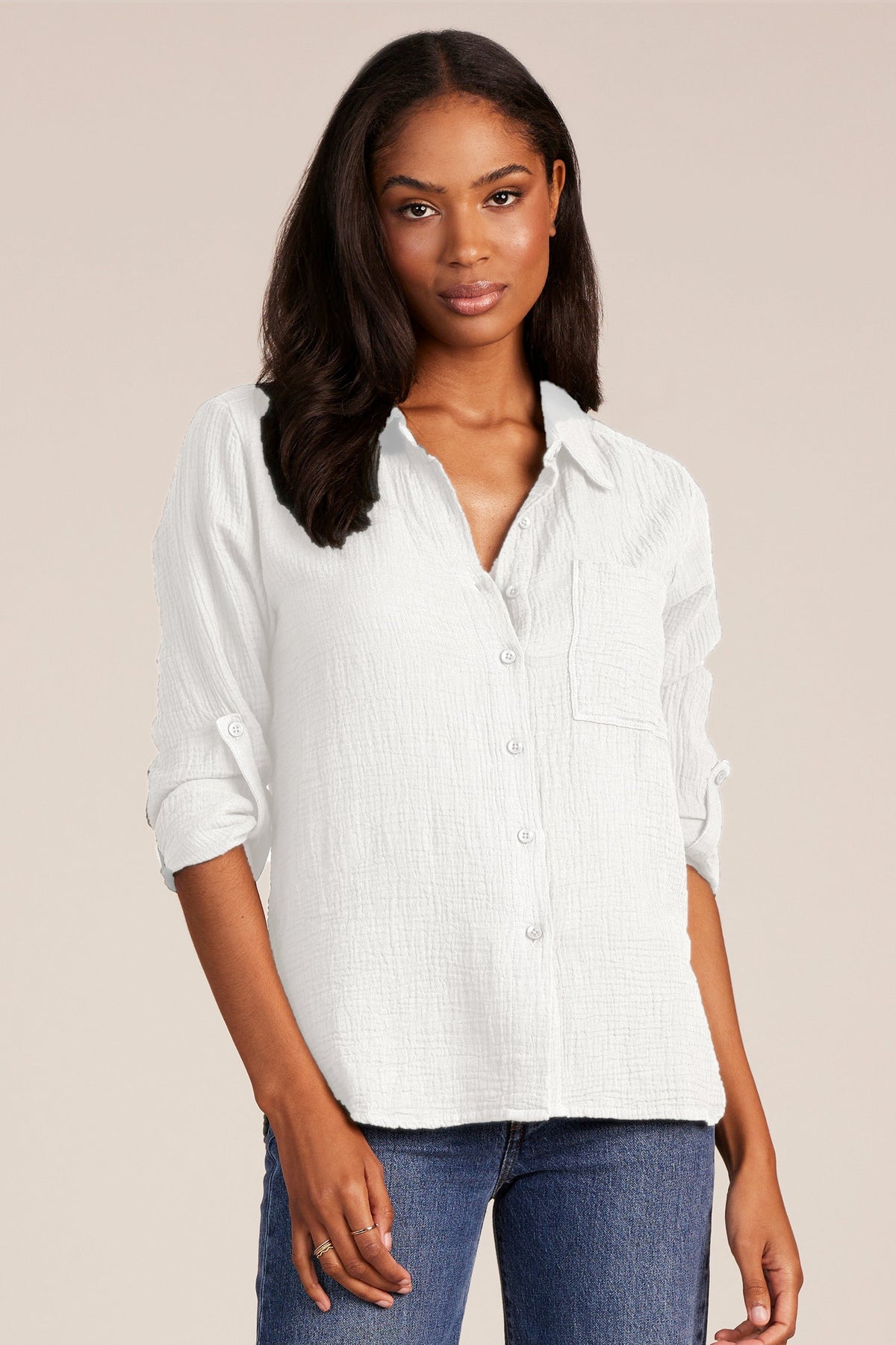 Bobi Cotton Gauze Tab Sleeve Button Front Shirt in White