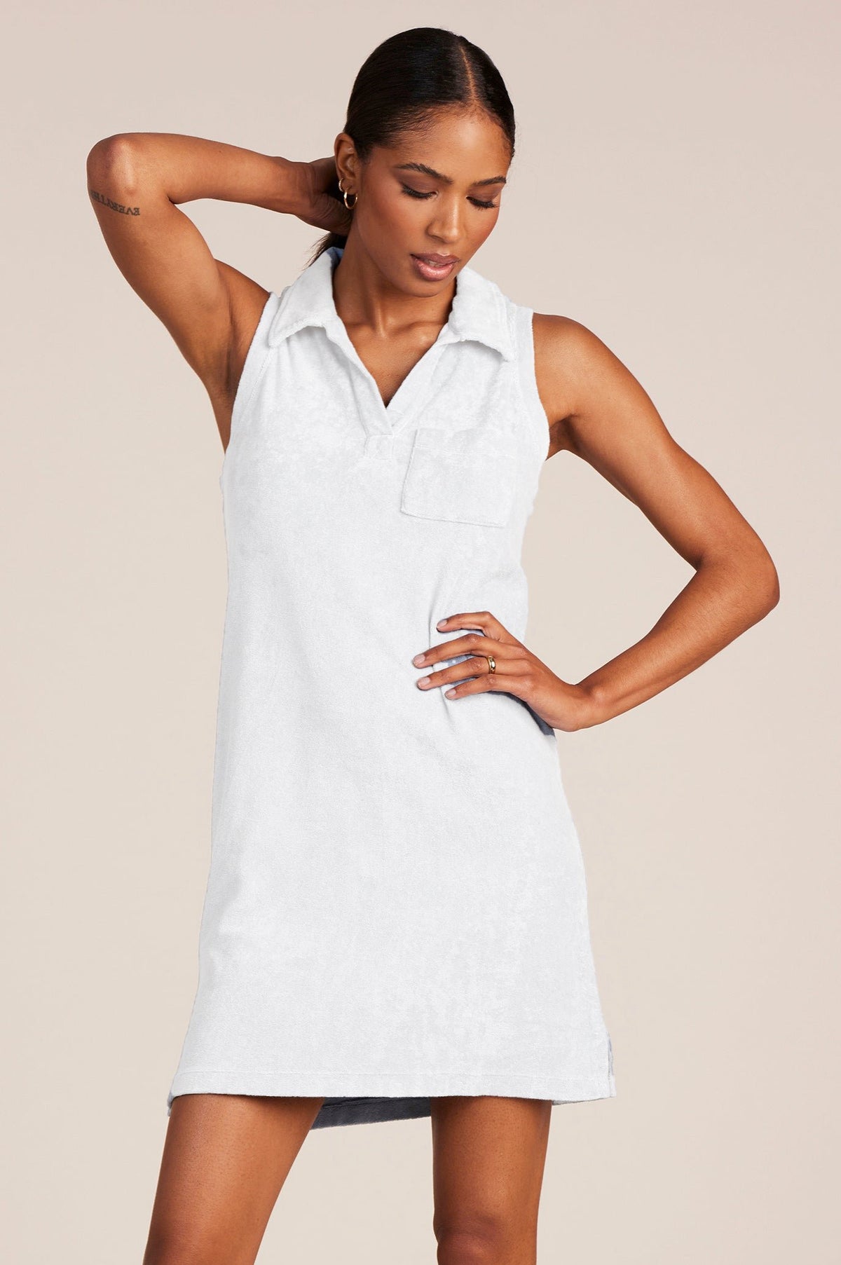 Bobi Cotton Terry Cloth Sleeveless Collar Dress in White - Size M Available