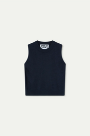 a navy sleeveless knit top with a crew neckline,