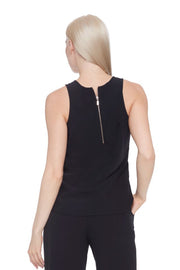 Back view of woman wearing a black satin sleeveless top 