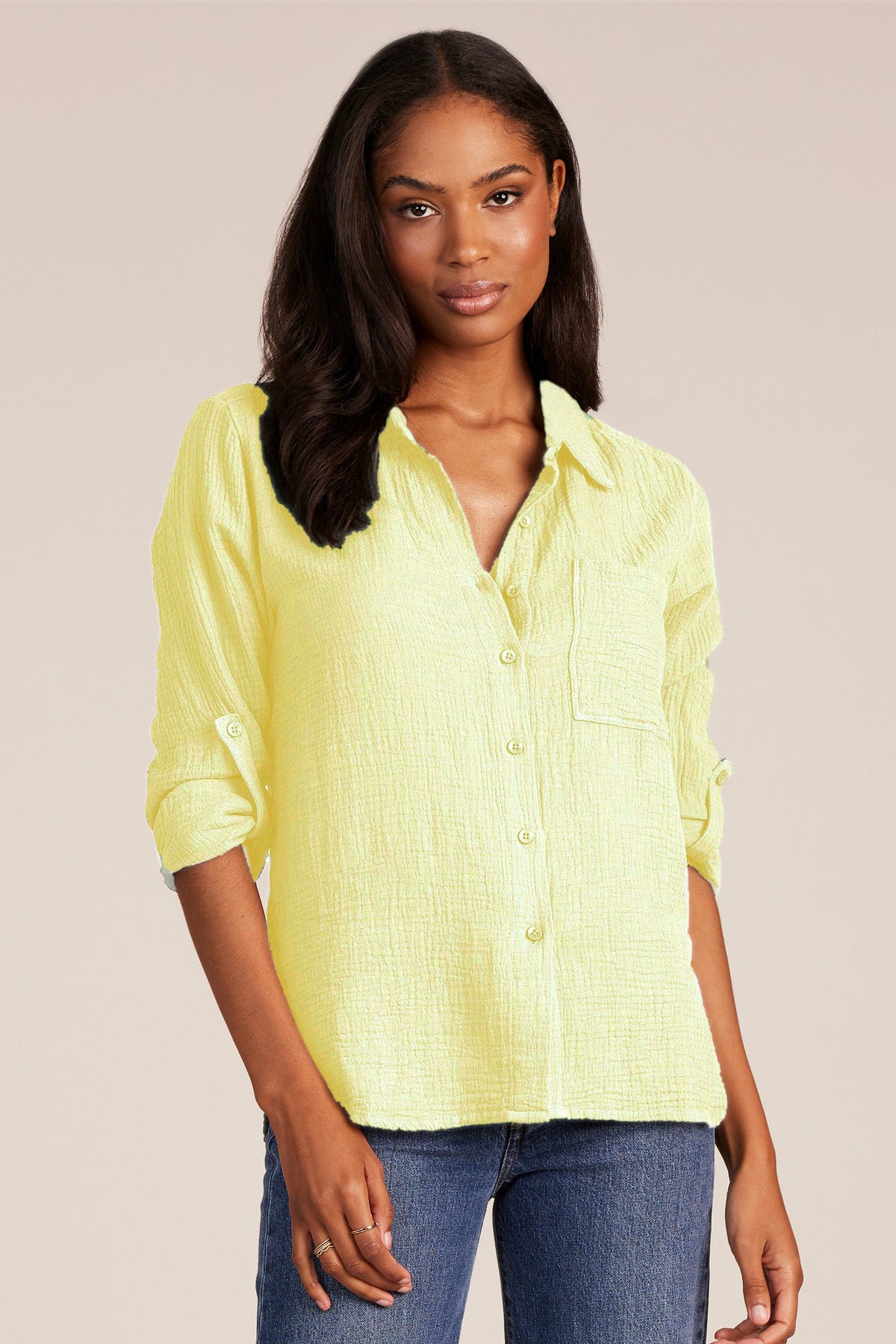 Bobi Cotton Gauze Tab Sleeve Button Front Shirt in Pale Yellow