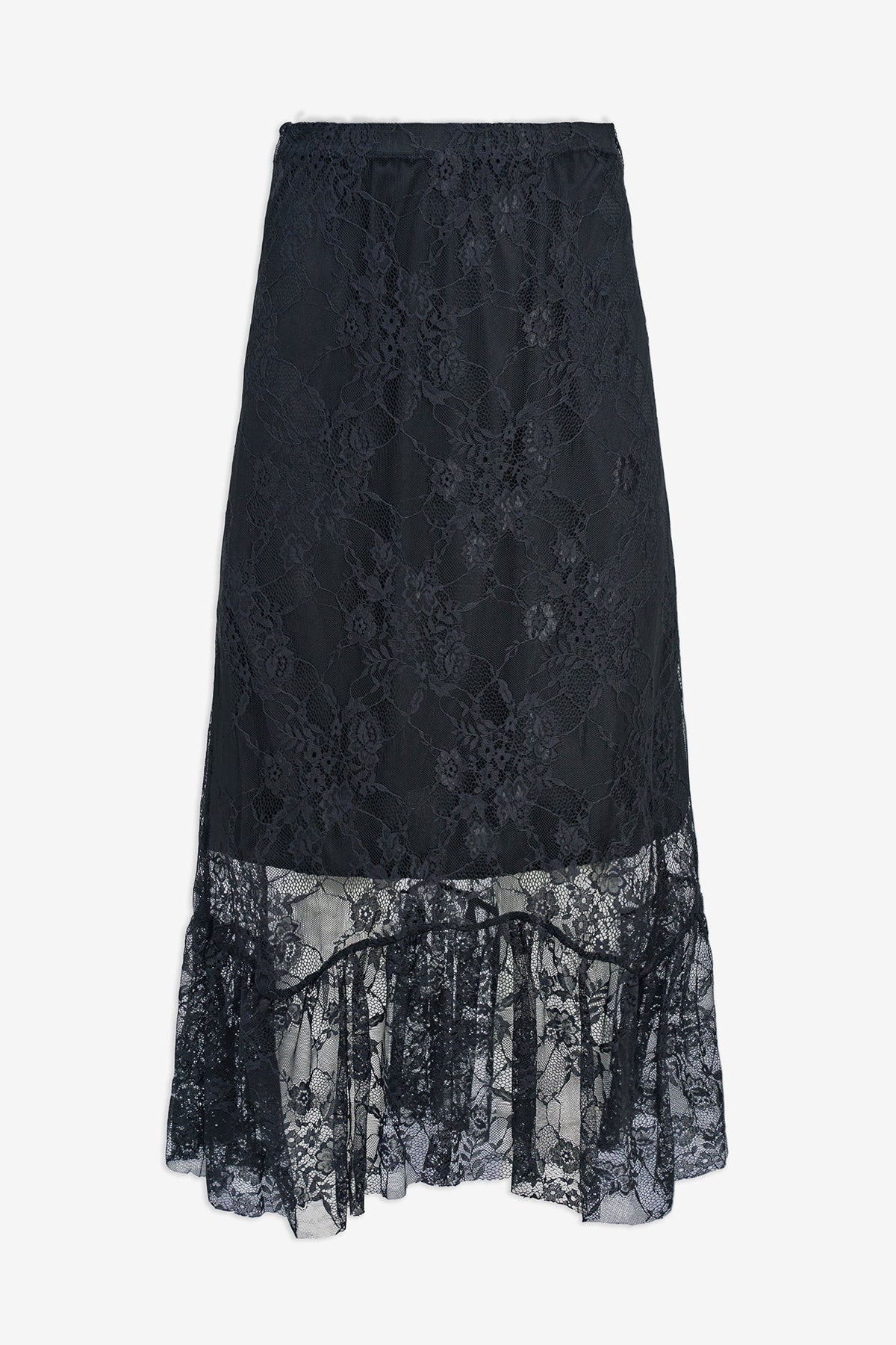 black maxi skirt with lace floral detailing 