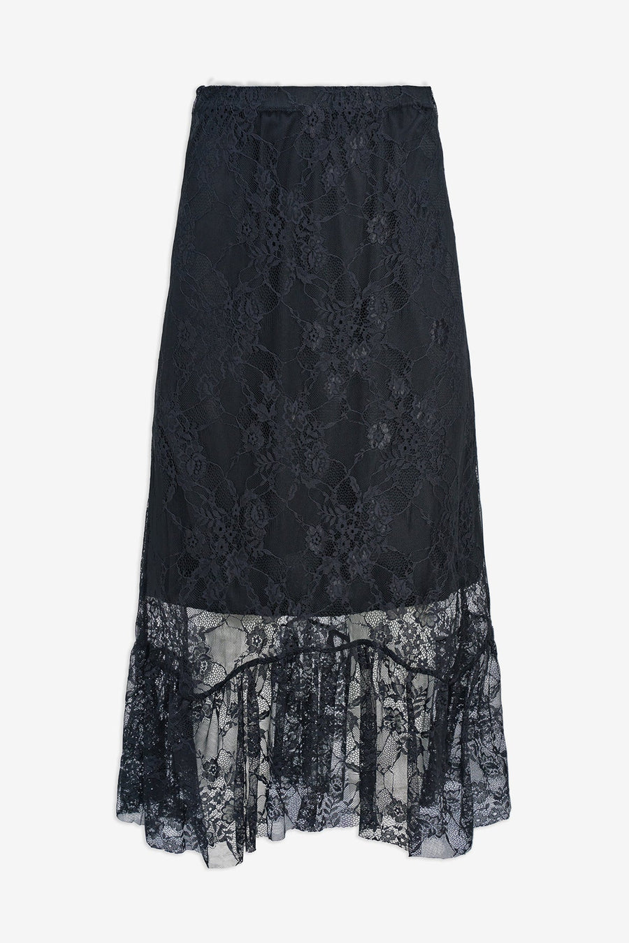 black maxi skirt with lace floral detailing 