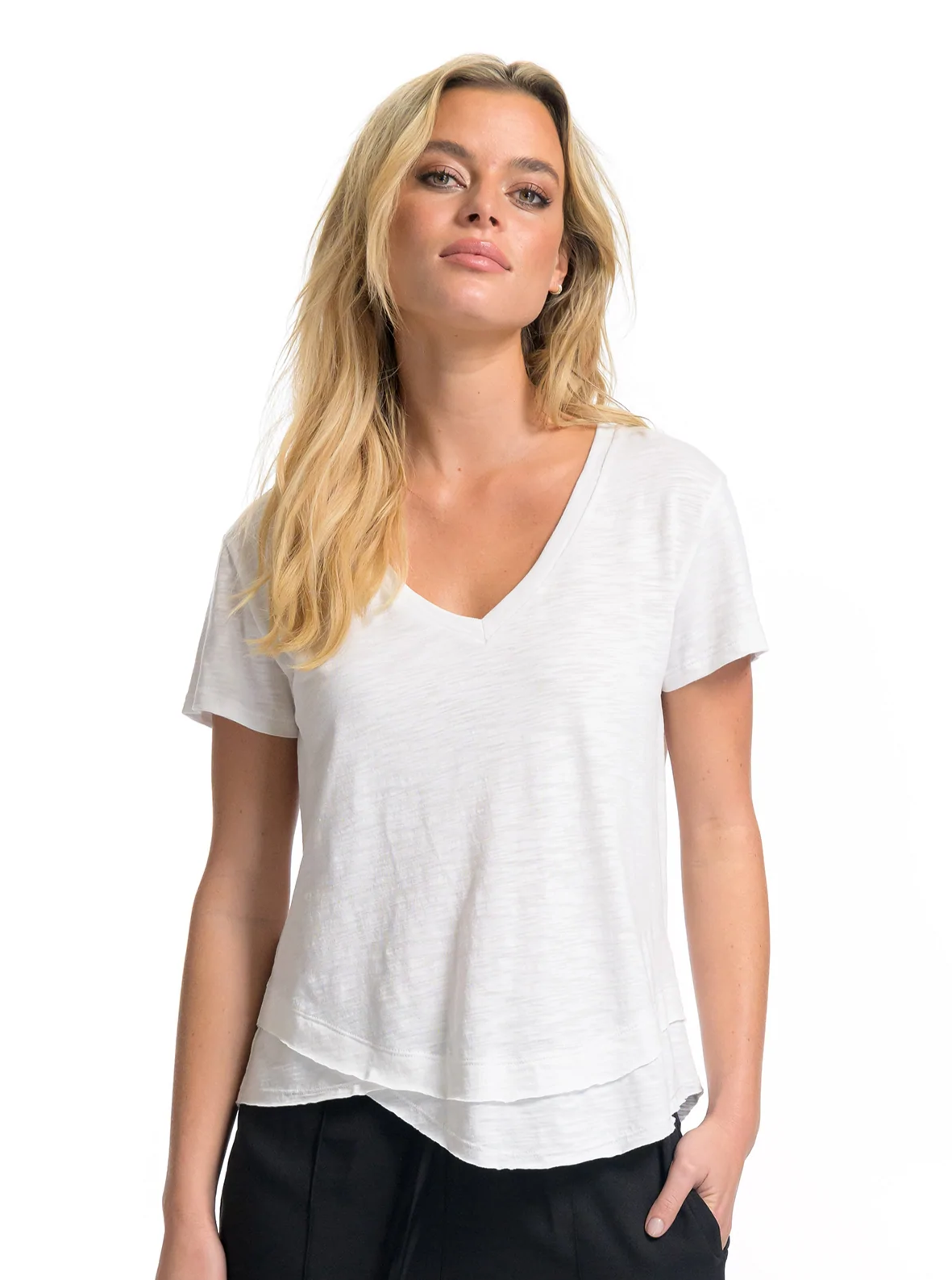 CHRLDR Ava V-Neck Mock Layer T-Shirt in White